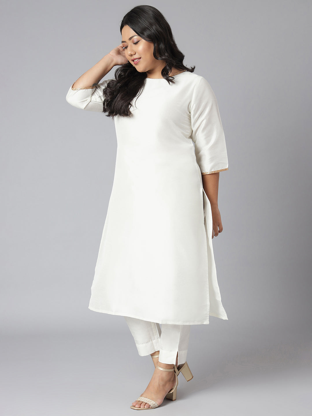 Janasya Women's Off-White Poly Silk Straight Festive Kurta Set
