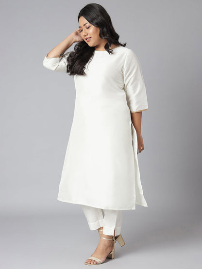 Janasya Women's Off-White Poly Silk Straight Festive Kurta Set