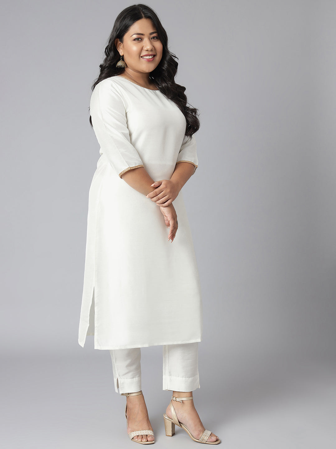 Janasya Women's Off-White Poly Silk Straight Festive Kurta Set