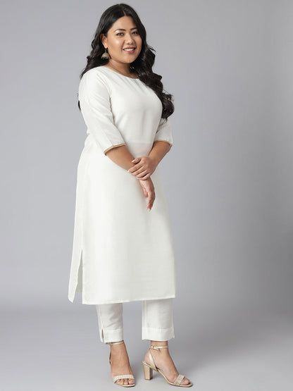 Janasya Women's Off-White Poly Silk Straight Festive Kurta Set