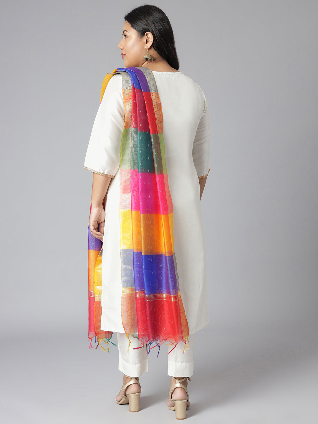 Janasya Women's Off-White Poly Silk Straight Festive Kurta Set
