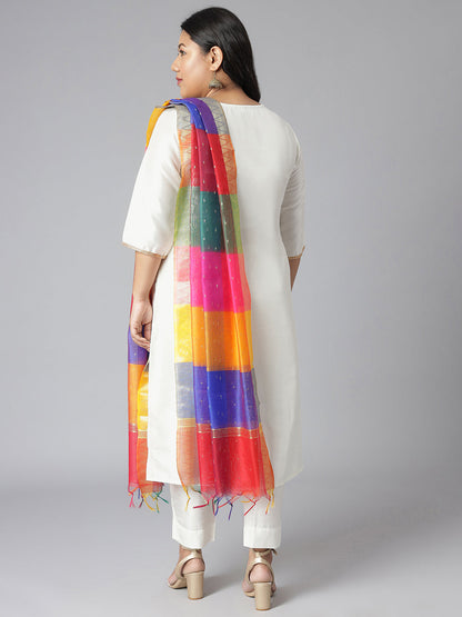 Janasya Women's Off-White Poly Silk Straight Festive Kurta Set