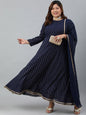 Indian Clothing Janasya XL LOVE by Janasya Women's Plus Size Navy Blue Poly Georgette Kurta and Dupatta