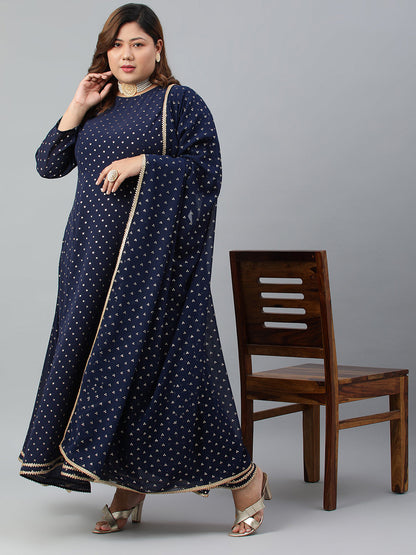 Indian Clothing Janasya XL LOVE by Janasya Women's Plus Size Navy Blue Poly Georgette Kurta and Dupatta