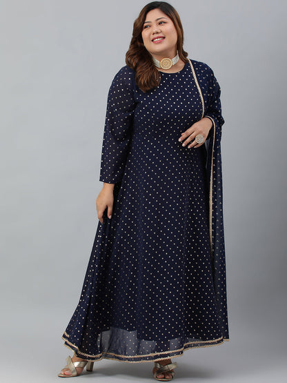 Indian Clothing Janasya XL LOVE by Janasya Women's Plus Size Navy Blue Poly Georgette Kurta and Dupatta