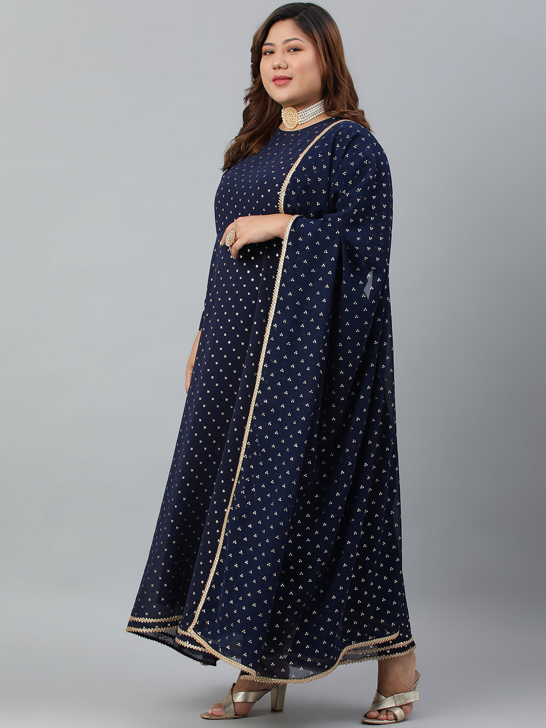 Indian Clothing Janasya XL LOVE by Janasya Women's Plus Size Navy Blue Poly Georgette Kurta and Dupatta