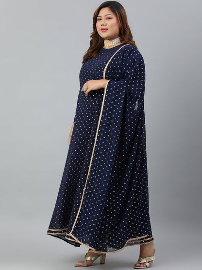 Indian Clothing Janasya XL LOVE by Janasya Women's Plus Size Navy Blue Poly Georgette Kurta and Dupatta
