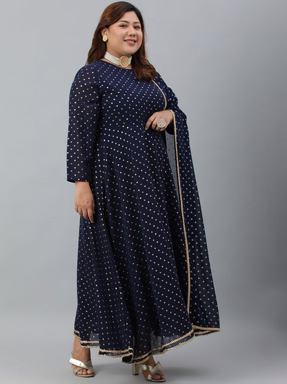 Indian Clothing Janasya XL LOVE by Janasya Women's Plus Size Navy Blue Poly Georgette Kurta and Dupatta