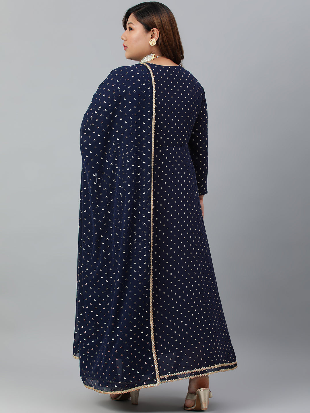 Indian Clothing Janasya XL LOVE by Janasya Women's Plus Size Navy Blue Poly Georgette Kurta and Dupatta