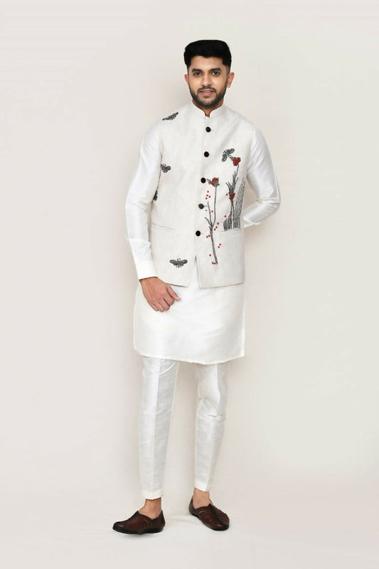 Joban Fashion Off White Colored Cotton Based With Butterfly Work Work Men's Jacket
