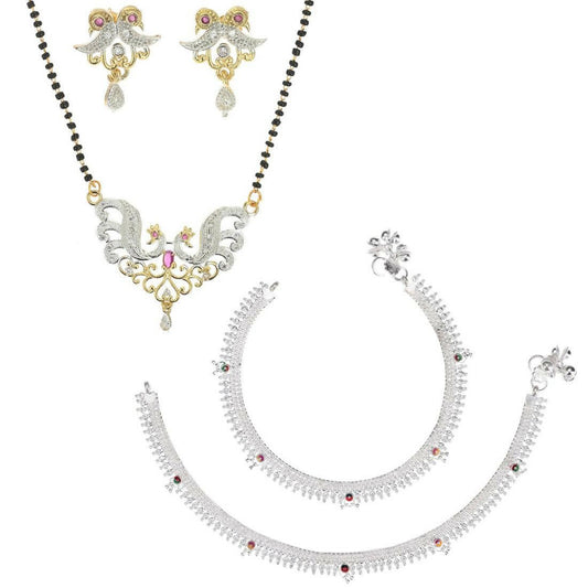 AanyaCentric Gold-Polished Mangalsutra Pendant Earring Set & Silver Plated Anklet