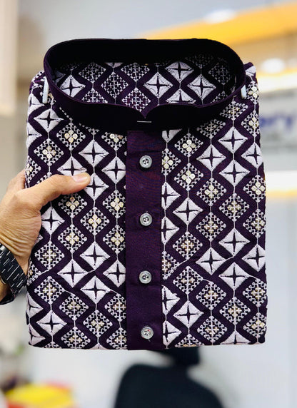 Prazu Fashion Wine Silk Embroidered Thread Work Kurta