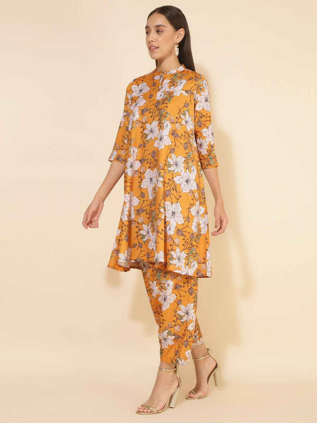 Janasya Women's Mustard Moss Digital Floral Printed Casual A-line Co-ords