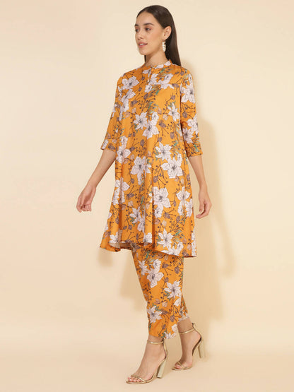 Janasya Women's Mustard Moss Digital Floral Printed Casual A-line Co-ords
