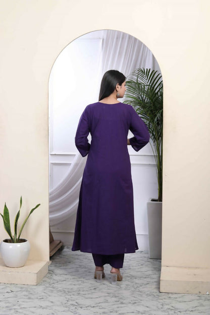 Miravan Women's Cotton Purple A-Line Kurta With Embroidered Neck And Palazzo With Embroidered Dupatta Set