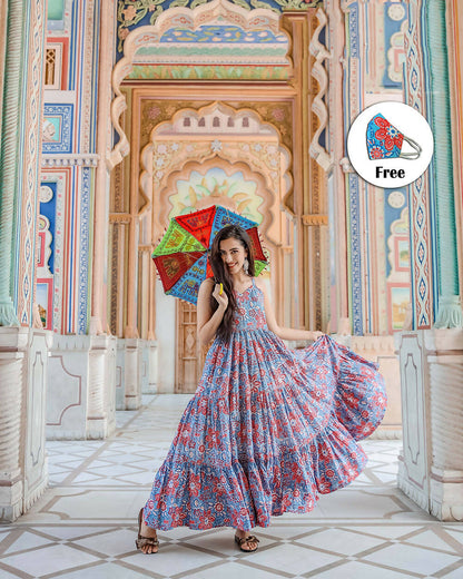 Designer Partywear Printed Blue Pure Maslin Gown - Anbazaar
