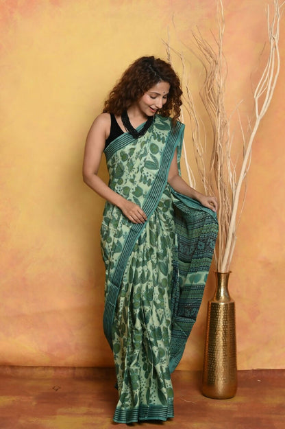 Very Much Indian Designer Modal Silk Saree With With Beautiful Floral Print - Sea Green