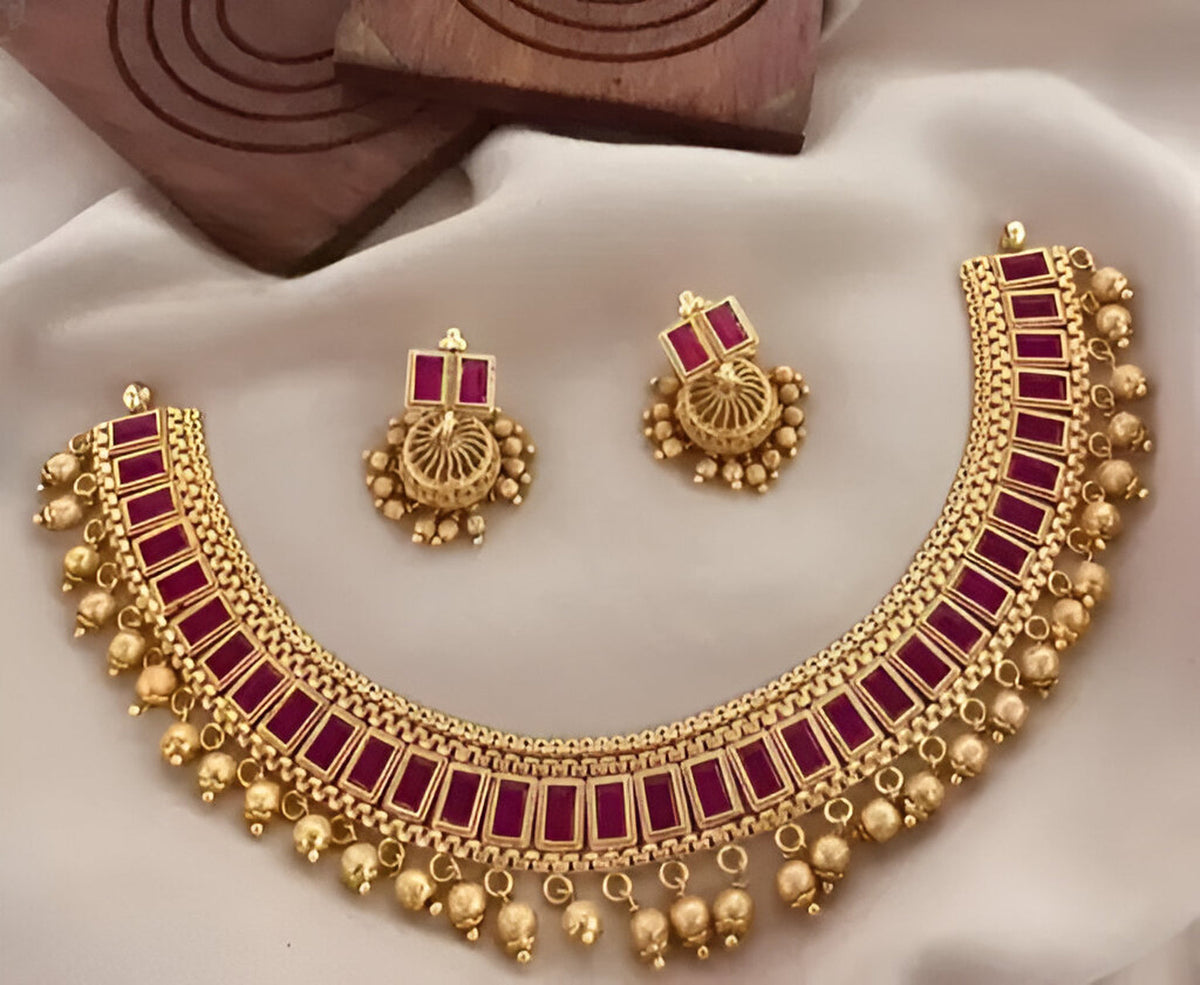 Jewel City Traditional Gold-Plated Kundan Choker Necklace with Red Stones & Beads – Ethnic Indian Jewelry for Weddings & Festivals