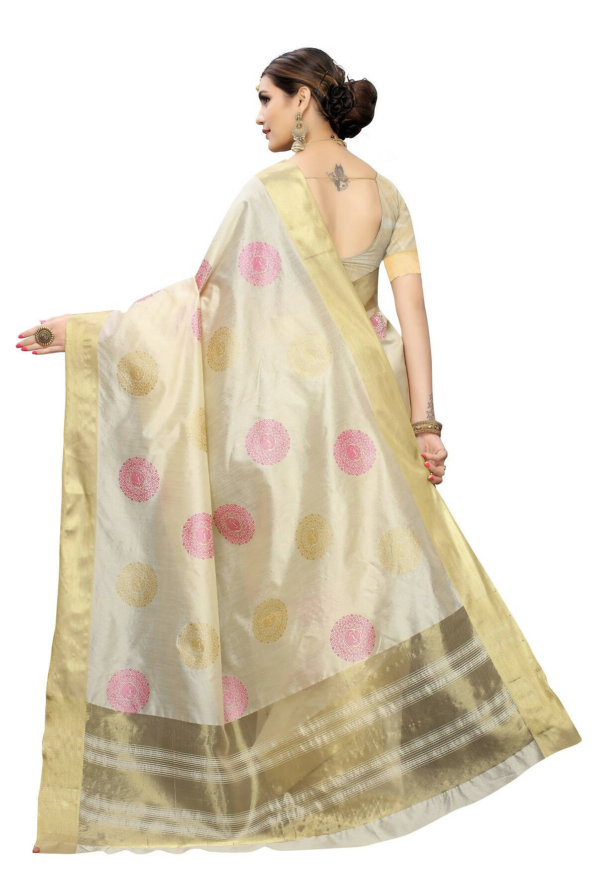 Vamika Cream Weaving Cotton Polyester Silk Saree (Kerala Bird Pink)