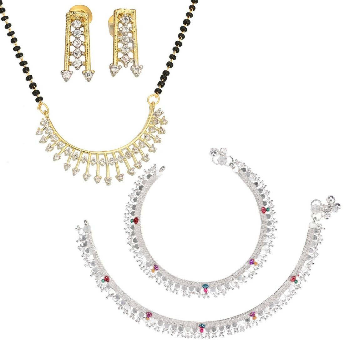 AanyaCentric Gold-Polished Mangalsutra Pendant Earring Set & Silver Plated Anklet