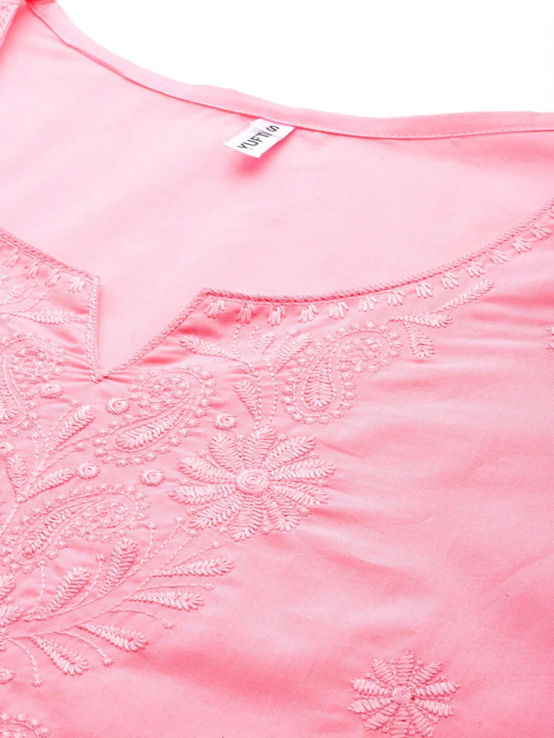 Yufta Peach Floral Chikankari Embroidered Pure Cotton Top
