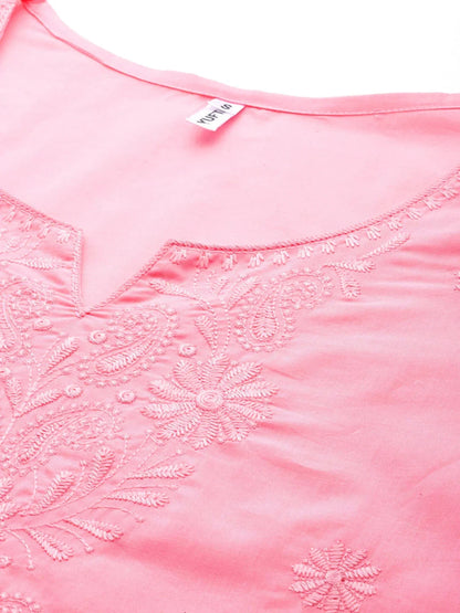 Yufta Peach Floral Chikankari Embroidered Pure Cotton Top