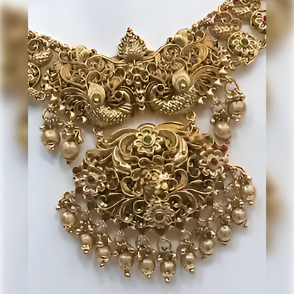 Jewel City Antique Gold-Plated Peacock Design Traditional Temple Choker Pearl Drops & Jhumka Earrings Necklace Jewelry Set