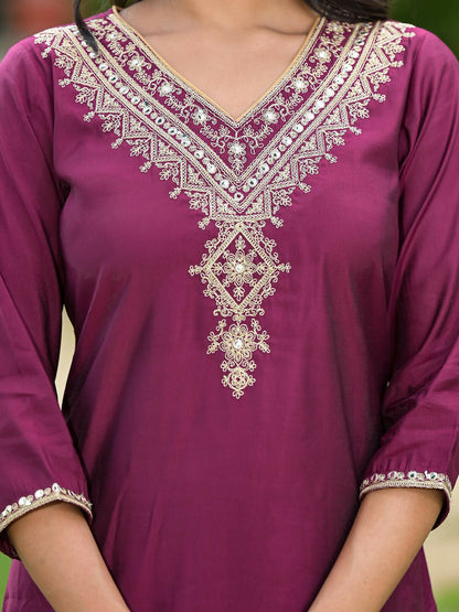 Juniper Women's Wine Solid Viscose Kurta Pant With Dupatta Set With Zari & Mirror Embroidery
