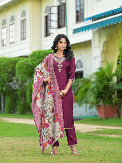 Juniper Women's Wine Solid Viscose Kurta Pant With Dupatta Set With Zari & Mirror Embroidery