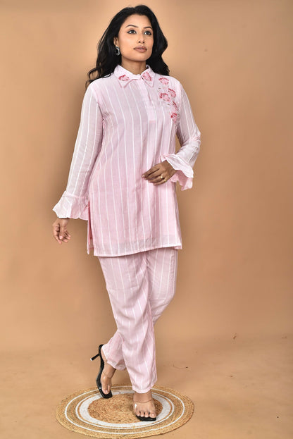 Morchari Women And Hand Embroidery Co-Ords-Pink