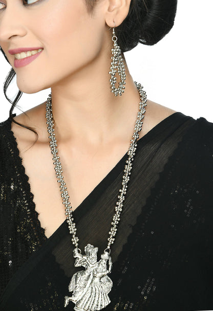 Mominos Fashion Johar Kamal Oxidised Silver-Plated Brass Finish Radha Kishan Long Necklace For Women