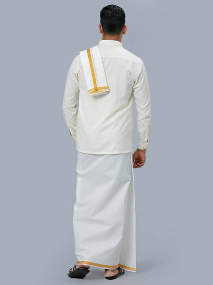 Ramraj Cotton Mens Wedding Cream Regular Dhoti, Shirt & Towel Set Subhakalyan 3/4"