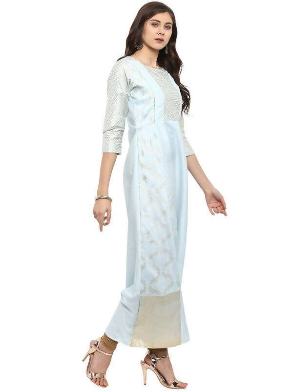 Ahalyaa Women Blue & Silver-Coloured Yoke Design A-Line Kurta