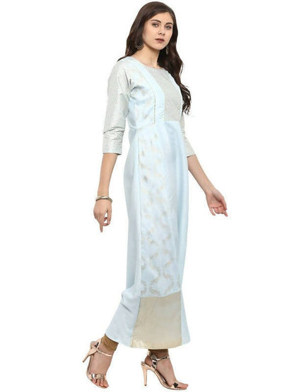 Ahalyaa Women Blue & Silver-Coloured Yoke Design A-Line Kurta
