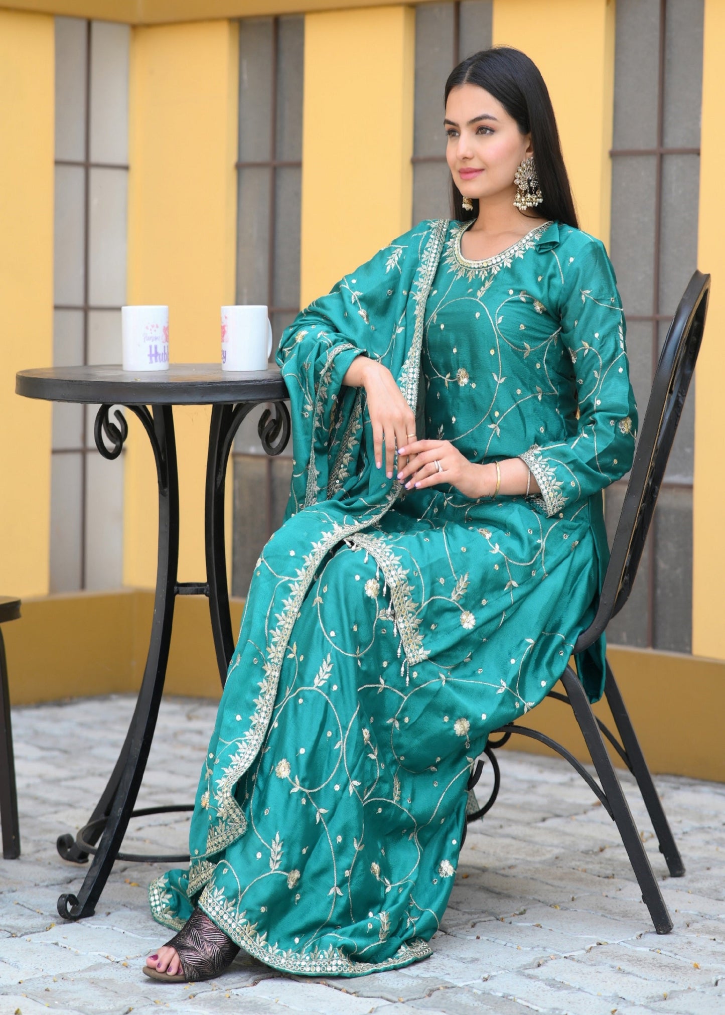 Teeya Creation Green Color Chinon Silk Heavy Embroidery Work Fully Stitched Salwar Suit