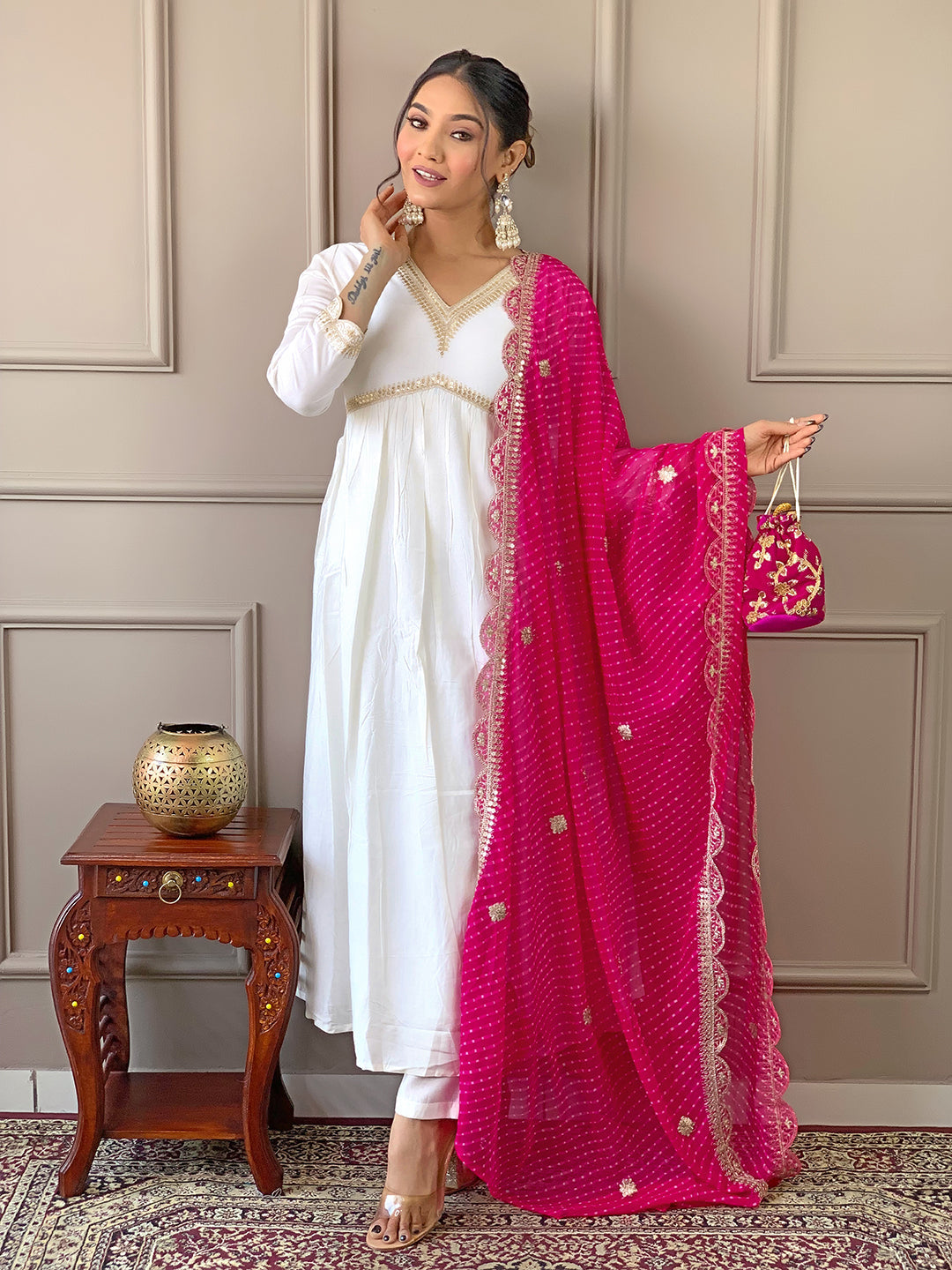 The52 Women's Gorgeous Embroidery Chandrei Fabric Straight Kurta, Pant and Dupatta Set