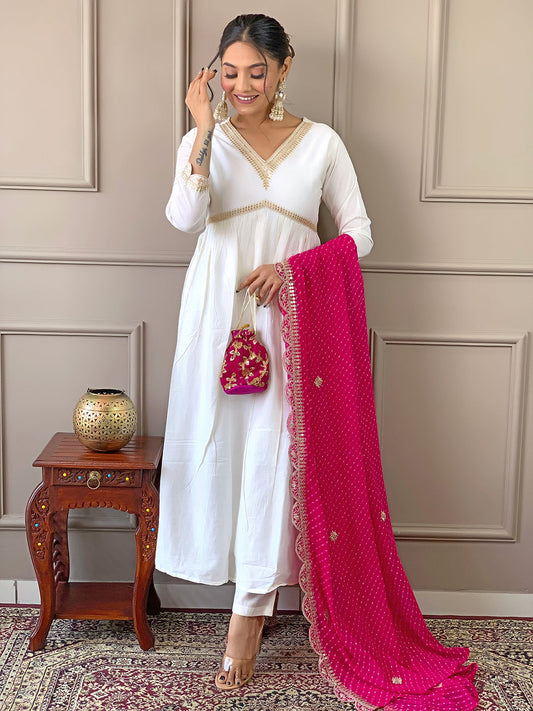 The52 Women's Gorgeous Embroidery Chandrei Fabric Straight Kurta, Pant and Dupatta Set