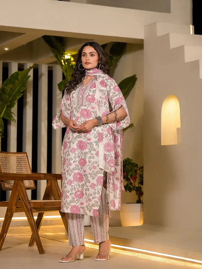 Yufta Pink And Off White Floral Print Cotton Straight Style Kurta And Trousers With Dupatta