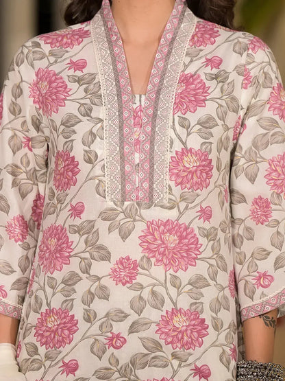 Yufta Pink And Off White Floral Print Cotton Straight Style Kurta And Trousers With Dupatta