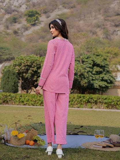 Yufta Pink Cotton Checks Print Shawl Neck Co Ord Set With Embroidery