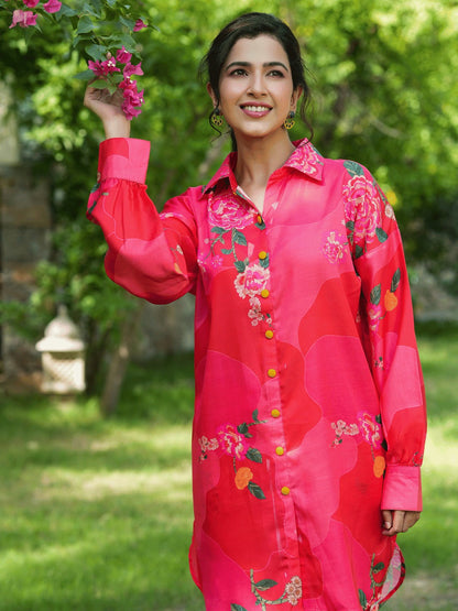Yufta Pink Printed Shirt with Trousers Co-Ords