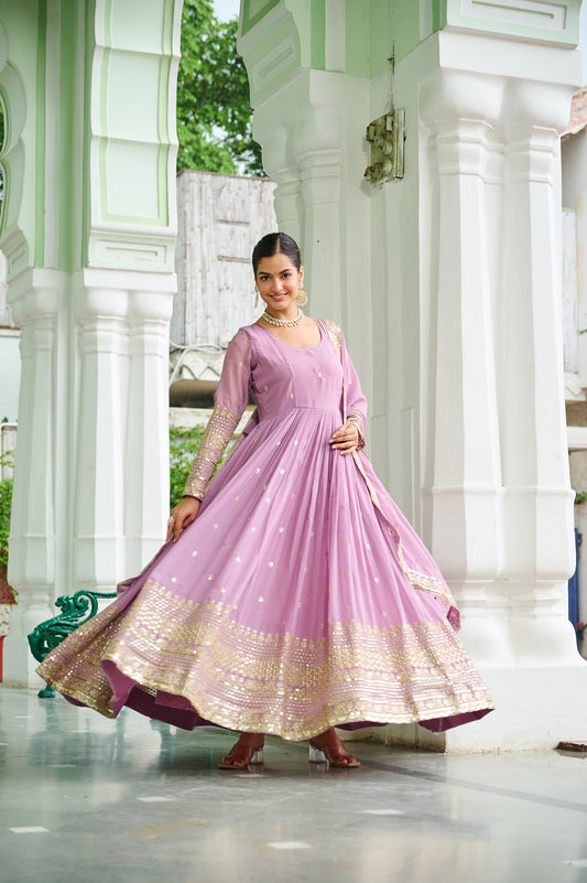 Lorenvalley Fashion Pink Faux Georgette with Embroidered work Anarkali Gown with Dupatta