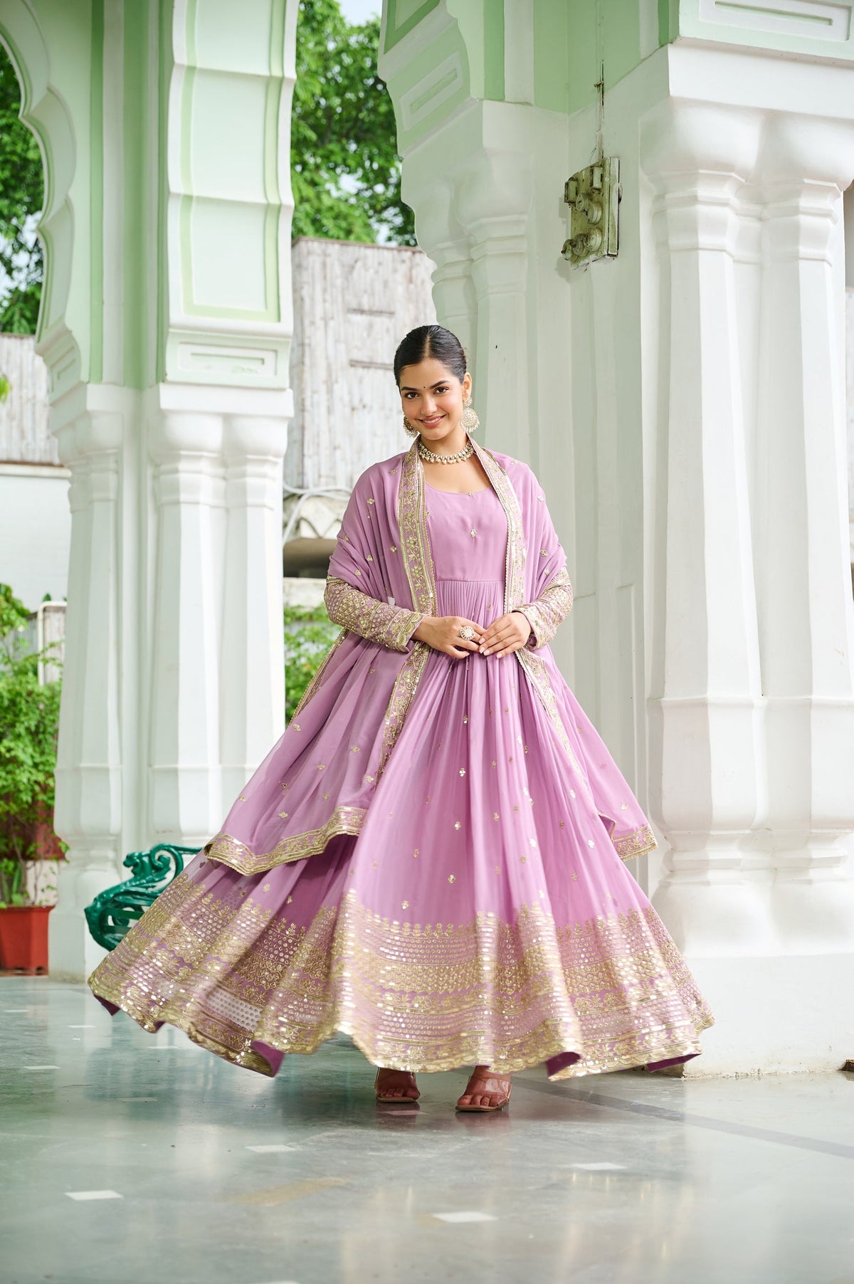 Lorenvalley Fashion Pink Faux Georgette with Embroidered work Anarkali Gown with Dupatta
