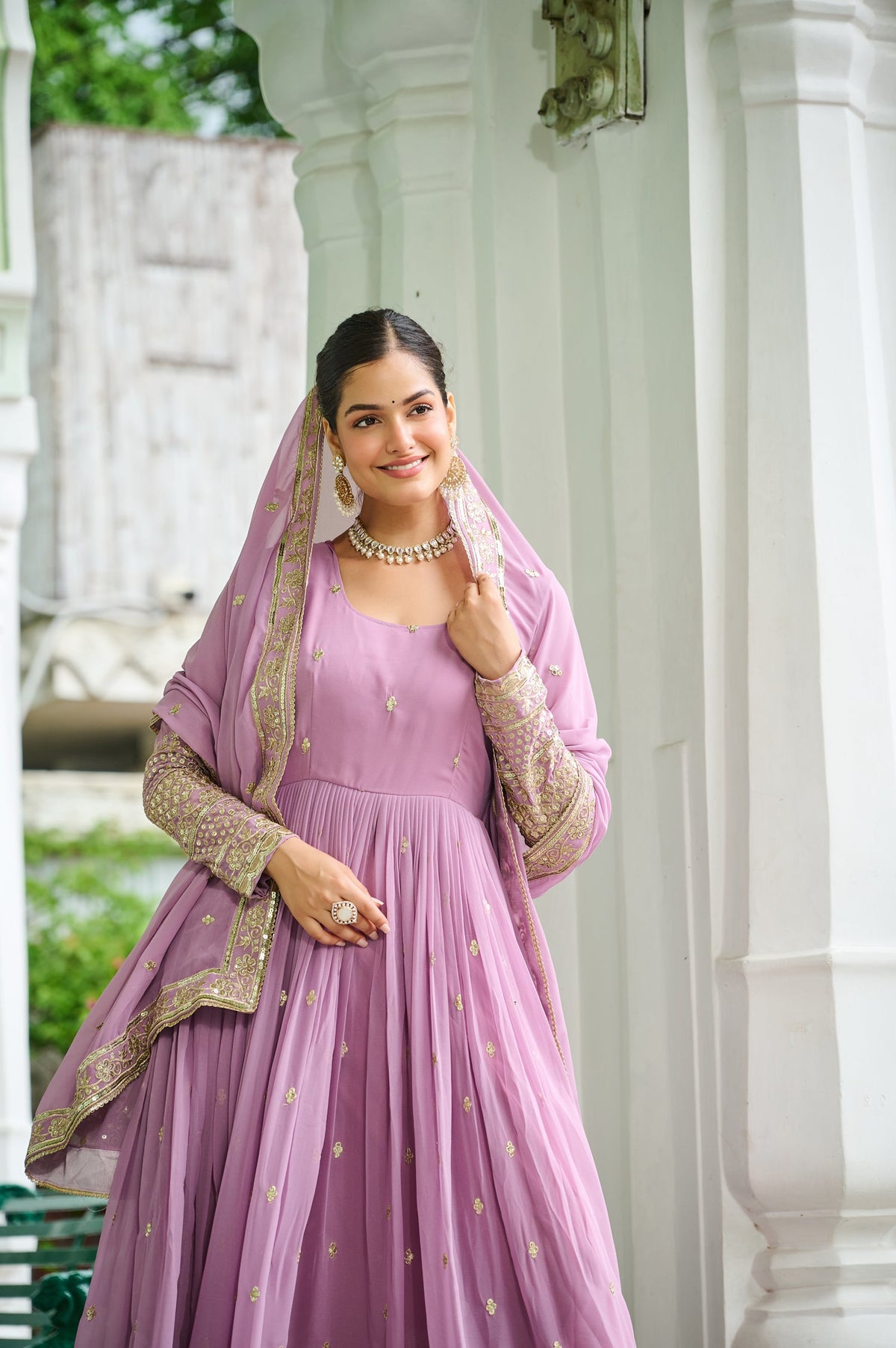 Lorenvalley Fashion Pink Faux Georgette with Embroidered work Anarkali Gown with Dupatta