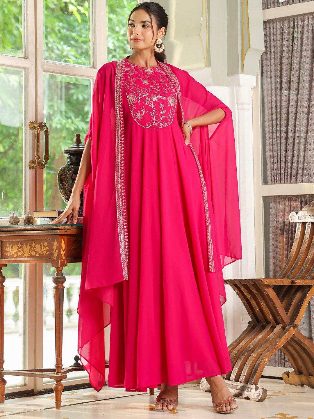 Janasya Pink Georgette Embroidered Dress & Cape