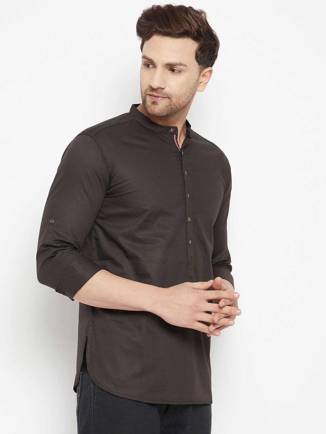 Even Apparels Brown Pure Cotton short Men's Kurta With Band Collar