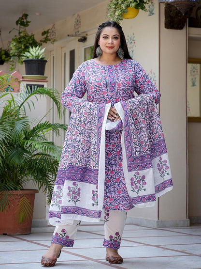 Yufta Plus Size Lavender & White Printed Dupatta Set