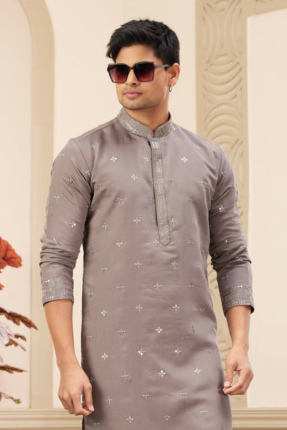 Raivat Ethnic Men's Art Silk Thread Work Kurta Pyjama In Brown Colour