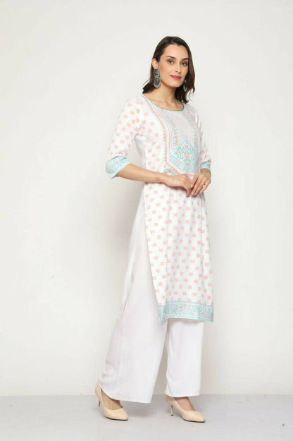 Maai Rayon Hand Printed Kurta Off-White