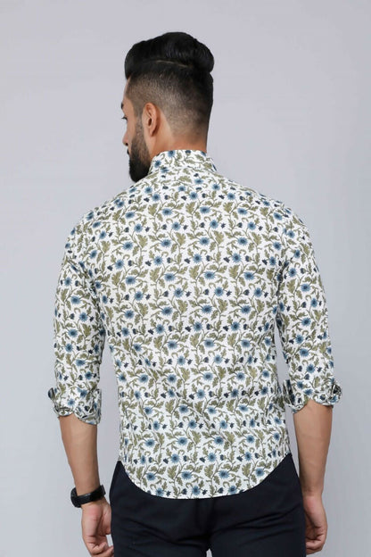 Miravan Men's White & Blue Floral Print Cotton Regular Fit Shirt